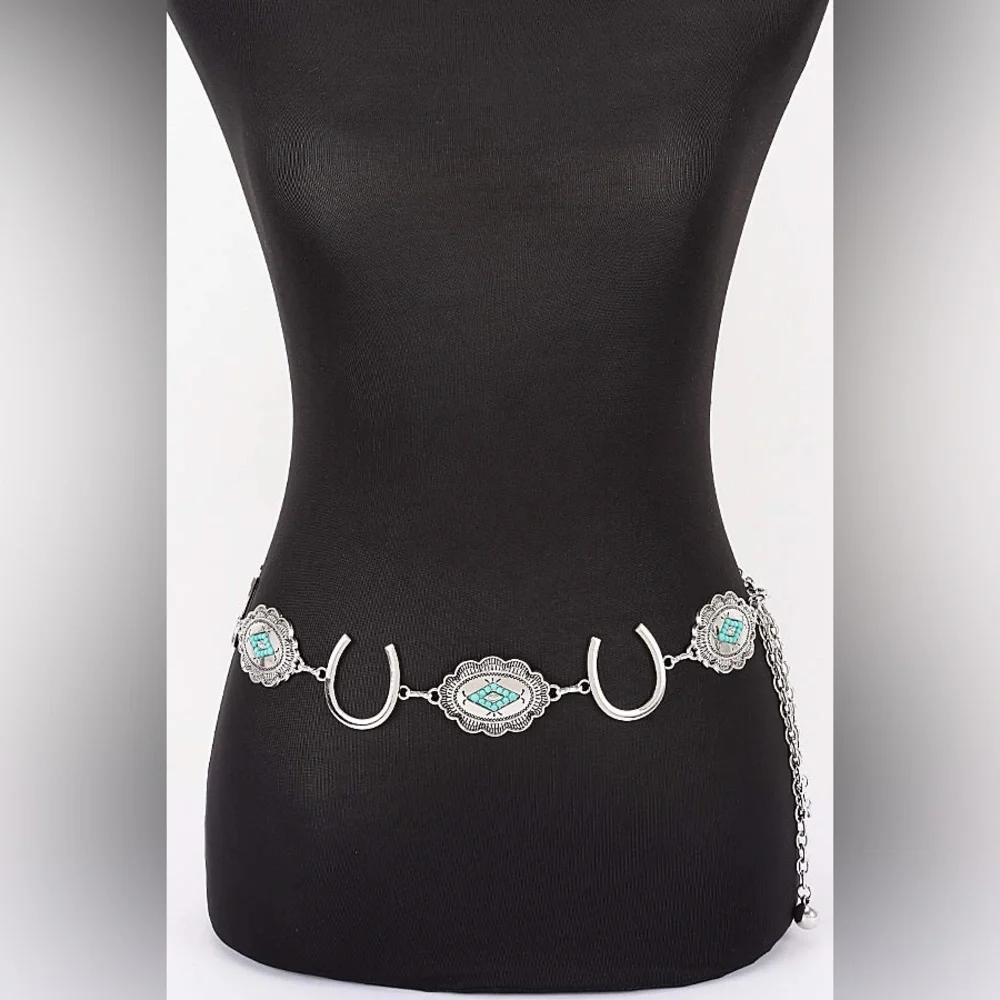 Gold or Silver Western Horseshoe Concho Chain Statement Belt w/ Turquoise Accent